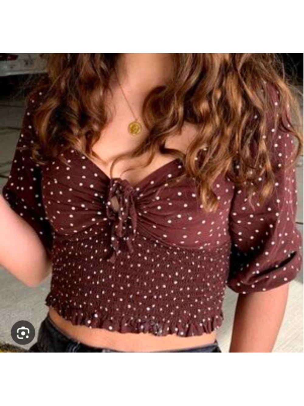 Garage Brown White Polka Dot Smocked Crop Top L Dainty Puff Sleeves Coquette